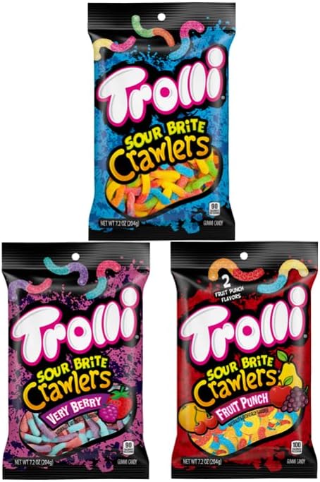 Bundle of Trolli Sour Brite Crawlers, 7.2 Ounce - Original Flavored Sour Gummy Worms, Fruit Punch, & Very Berry