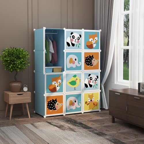 Image of KRISHYAM Kids Modular Storage Cabinet with Cartoon Animal Doors,12 Cube Plastic Wardrobe Organizer, DIY Closet System with Hanging Rod, Toy & Clothes Storage (Blue Animal Print, 12 Box)