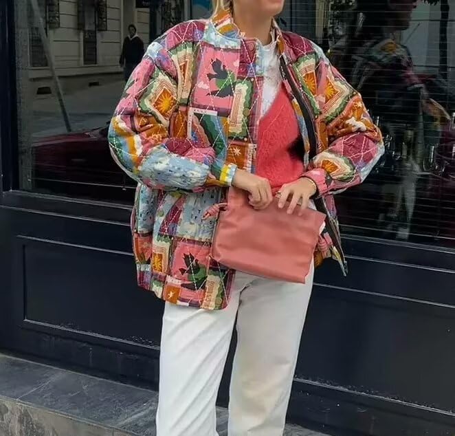 Women Quilted Vintage Jackets Puffer Aesthetics Coats Coquette Colorblock Cardigan Stand Collar Colorful Outerwear3