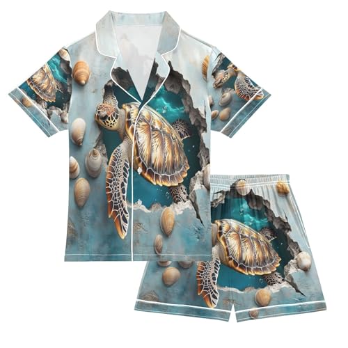 ALAZA 3d Sea Turtle Wall Satin Pajamas Set Short Sleeve Button Down Sleepwear Summer Pjs 2 Piece