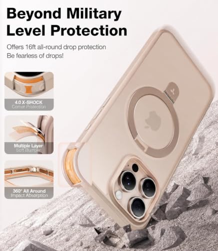 Image of TORRAS Ostand for iPhone 16 Pro Case Magnetic Stand, Desert Titanium 6.3 inch | [Fit for MagSafe][Flexible Stable Stand] 4X Military-Grade Shockproof, Slim Protective Phone Cover, Translucent Rose Gold