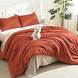 Litanika Boho Comforter Full Size Set Burnt Orange, 3 Pieces Fall Solid Terracotta Lightweight Bedding Comforter Set, Rust Fluffy Winter Quilted Blanket Set (79x90In Comforter & 2 Pillowcases)
