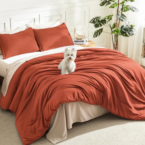 Image of Litanika Comforter King Size Bed Set Burnt Orange, 3 Pieces Terracotta Boho Lightweight Fluffy Solid Bedding Comforter Set, Rust All Season (104x90In Comforter & 2 Pillowcases)