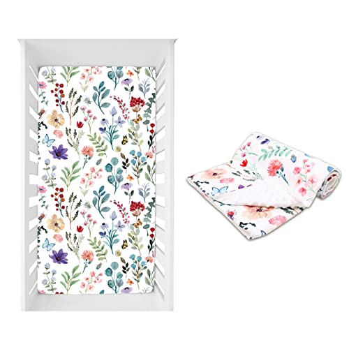 Image of Baby Soft Crib Sheet and Baby Minky Blankets with White Watercolor Floral