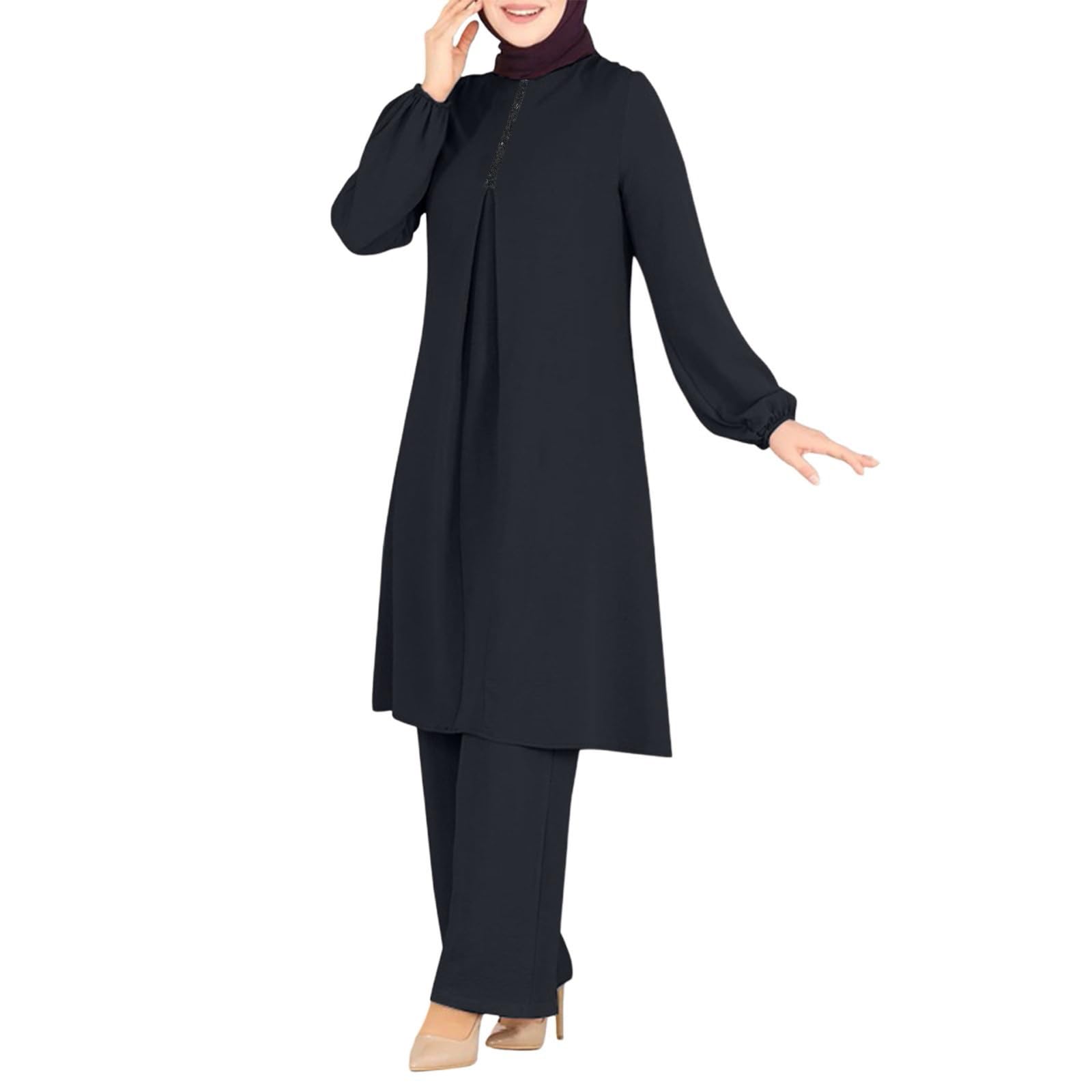 Women Muslim Suit Two-Piece Full Sleeve Top Wide Leg Pants Set Abaya Loose Fit Button Down Shirt Dress Dubai Outfit Turkey Islamic Prayer Set Islamic Robe Abaya Traditional Clothes