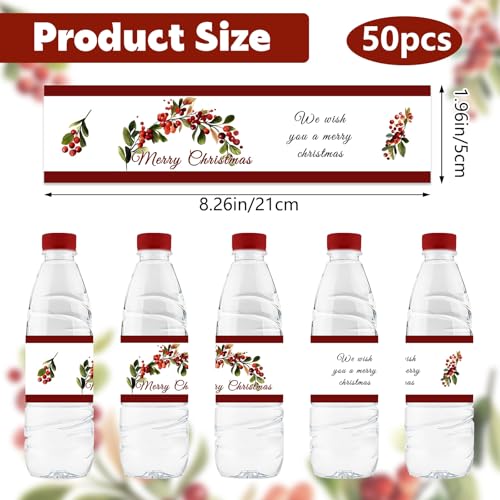 URROMA 50Pcs Merry Christmas Water Bottle Labels Red Holly Fruit Water Bottle Stickers Waterproof Drinks Wrappers for Christmas Party Favors Decor - Image 2