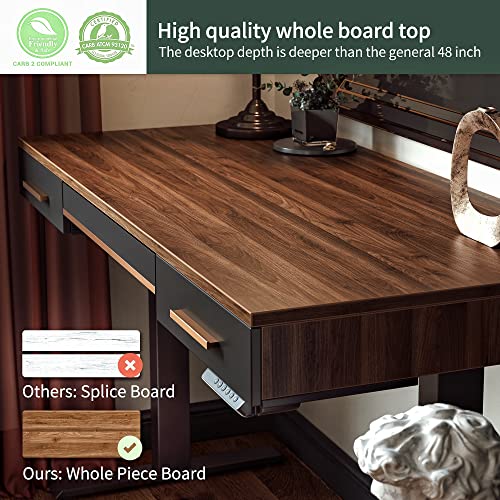 Fezibo Mid Century Modern Electric Standing Desk With 3 Drawers, 48 X 27 Inches Whole Piece Sit Stand Up Home Office Desk, Black Walnut Top With Black Frame (2 Packages) #TOP2
