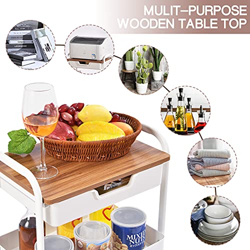 Toolf 3-Tier Utility Rolling Cart With Wooden Board & Drawer, Metal Storage Cart With Handle, White Trolley Kitchen Organizer Rolling Desk With Locking Wheels For Office, Classroom, Home, Bedroom #TOP2