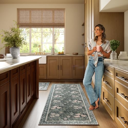 Image of Non Slip Vintage Floral with Ornate Border Hallway Runner Rug - Long Runner Rugs 2x6 Washable Kitchen Floor Mat, Laundry Room Rug, Bathroom Runner