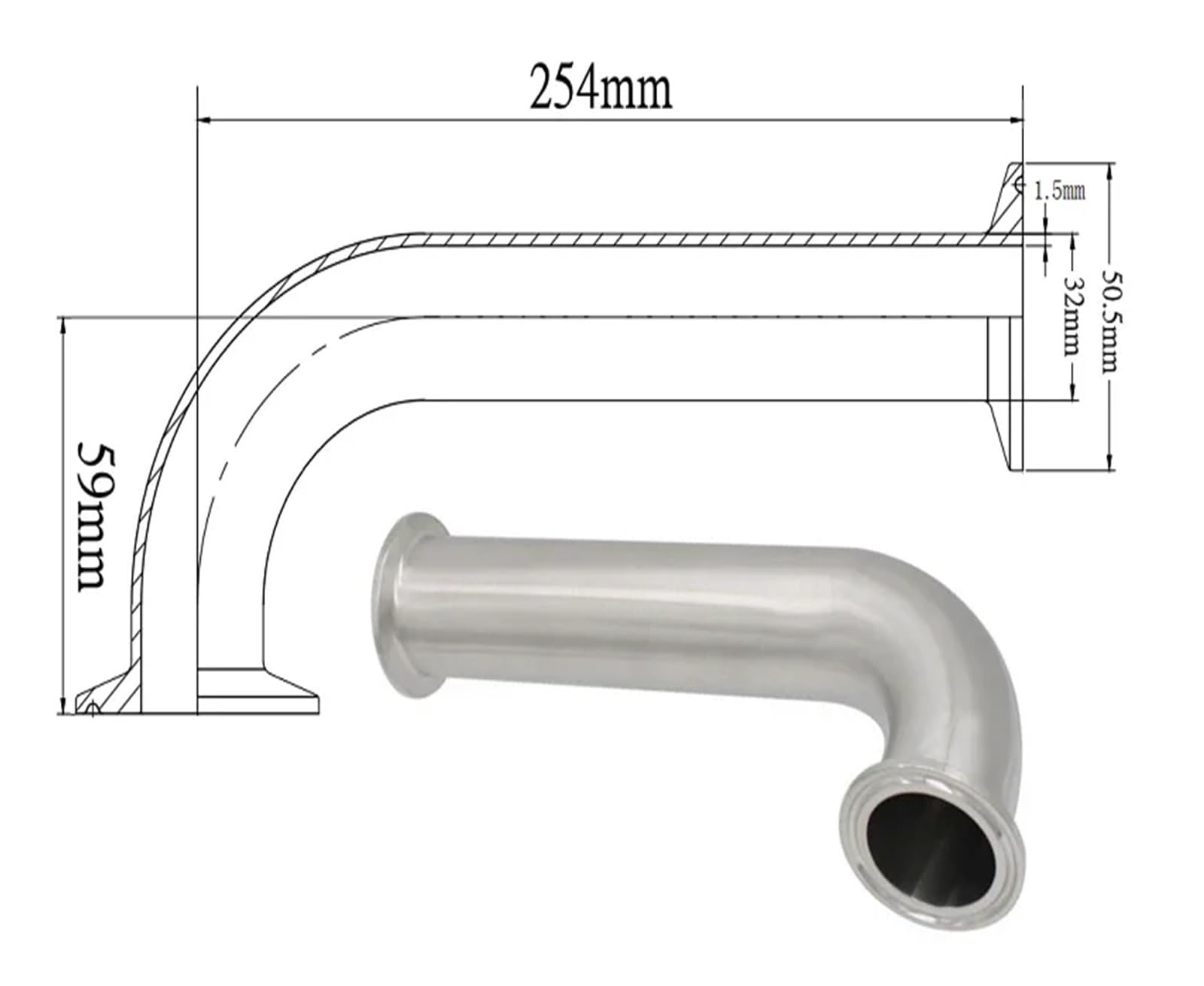 6" 8" 10" 12" 18" Length x 25 32 38 51mm 1.5" 2" Tri Clamp Spool Tube Elbow SUS304 316L Stainless Pipe Fitting(32K50.5-254,316)