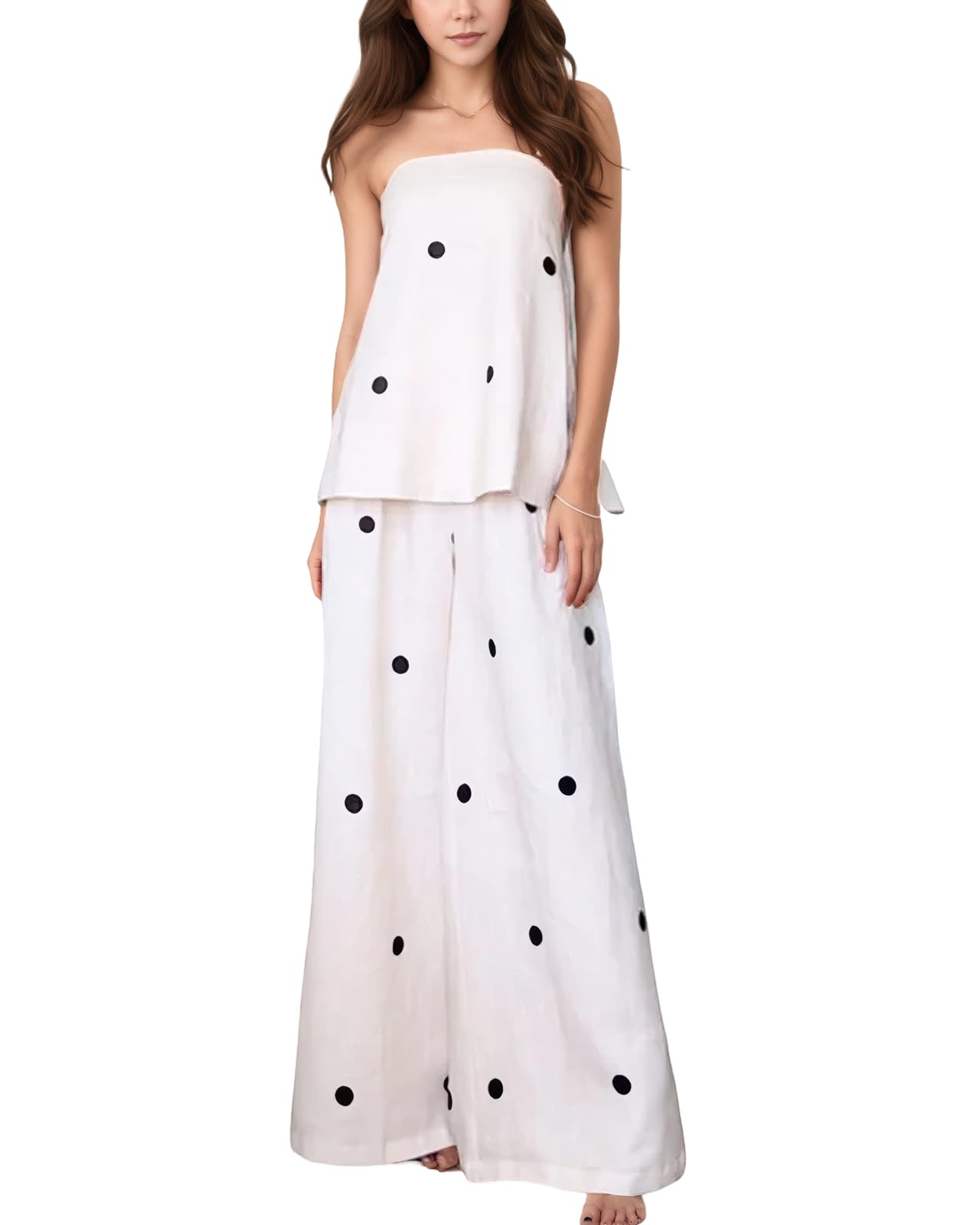 Polka Dot 2 Piece Outfits for Women Summer Casual Strapless Tube Top and Lounge Wide Leg Pants Two