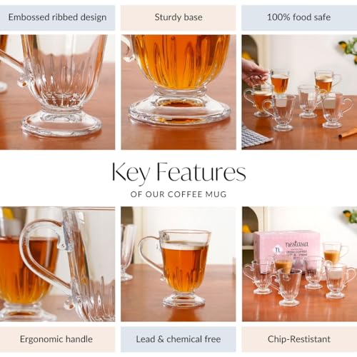 Image of Nestasia Set of 6 Transparent Glass Tea Cups (196ml Each) - Ribbed 100% Food Safe & Chip-Resistant Glass Set | Perfect for Irish Coffee, Tea, Hot & Cold Beverages