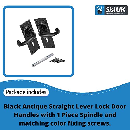 Pair of Black Antique Cottage Handle Lever Locks Hammered Victorian Lever Lock Door Handles Keyholes ON Back Plate with Spindle and Fixing Screws - Image 2