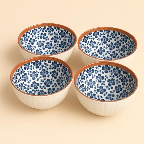 Image of YELONA Ceramic Bowls Set of 4 | 300ml Japanese Floral Rice & Snack Bowls | Blue Blossoms Design | Microwave & Dishwasher Safe | 11.5 cm | Lead-Free Porcelain