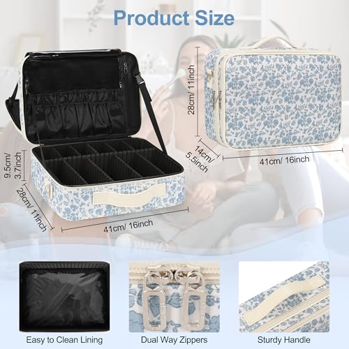 Image of Relavel Large Makeup Bag, Floral Cosmetic Bag for Women, Professional Travel Train Case Portable Makeup Artist Bag Make Up Storage Organizer Box with Adjustable Dividers and Makeup Brush Compartment