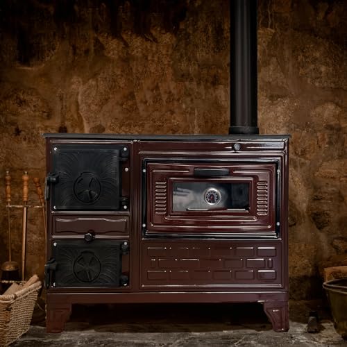Gusseisenofen mit Backofen | Gusseisen Kamin | Backherd Herd Herd Warmhalteofen | Tiny House Herd Kabinenofen | Kamin mit Ziegel ausgekleideter Kamin (braun ohne Fenster)-3