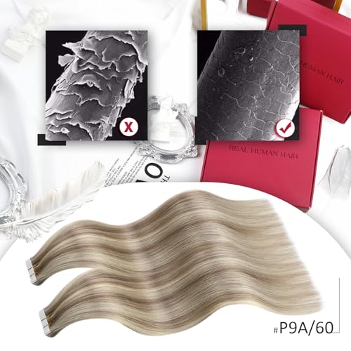 Moresoo Tape in Hair Extensions Human Hair Light Brown with Platinum Blonde Hair Extensions Tape in Real Human Hair 10 Inch 20 Pieces/30G #P9A/60 - Image 2