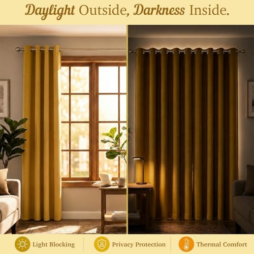 Image of 100% Blackout Window Curtains, 9 Feet, Solid Design, Faux Silk, Thermal Insulated, Noise Reducing Eyelet Door Curtain with Tie Back for Living Room & Bedroom, 115x274cm, Pack of 1 - Yellow