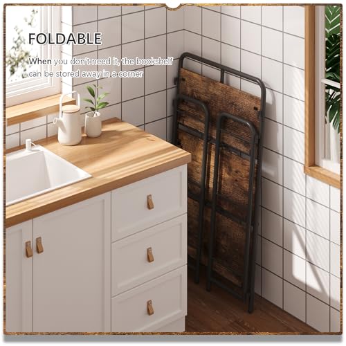 Image of 4NM No Assembly Folding Bookshelf, 3 Tiers Collapsible Book Shelves Open Industrial Foldable Storage Bookcase Shelf for Bedroom, Living Room, Home Office - Rustic Brown and Black
