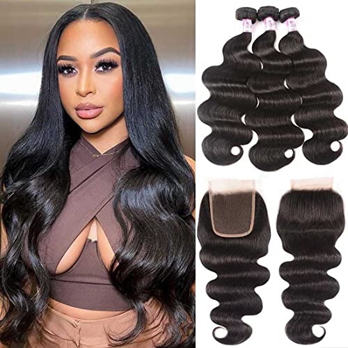 Beauty Forever Indian Body Wave Hair 3 Bundles with 4x4 Lace Closure Free Part Hair Extensions 100% Unprocessed Human Virgin Hair Weaves Natural Color (16 18 20+14 closure)