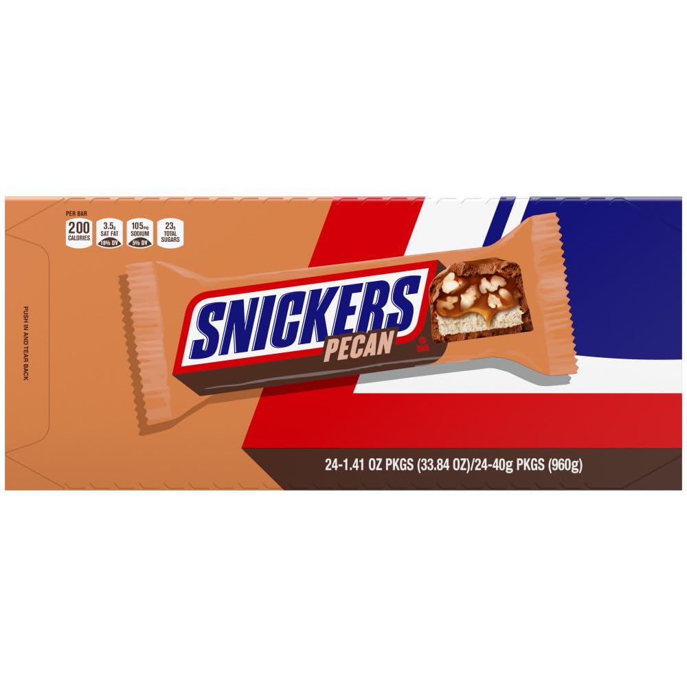 SnickersPecan Milk Chocolate Candy Bar - Full Size Bars, Bulk Box Individually Wrapped, 24-Pack, 33.8 oz