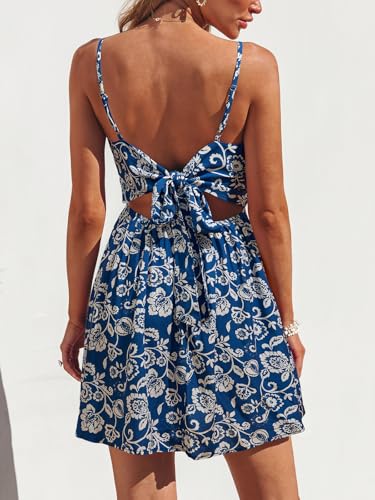 Image of CUPSHE Women's Floral Mini Sundress Twisted V Neck Sleeveless Short Dress Self Tie Back Summer Vacation Beach Dress