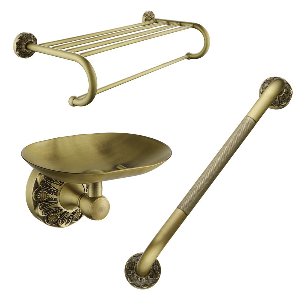 20 Inch Shower Grab Bar + Soap Dish + 24 Inch Towel Rack, Brass Bathroom Accessories Set