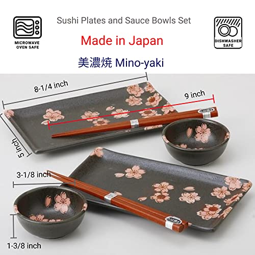 Japanbargain 4699, Japanese Sushi Set Porcelain Sushi Plates Soy Sauce Dipping Bowls And Chopsticks Gift Set, Black And Pink Color Cherry Blossom Pattern, Made In Japan #TOP1