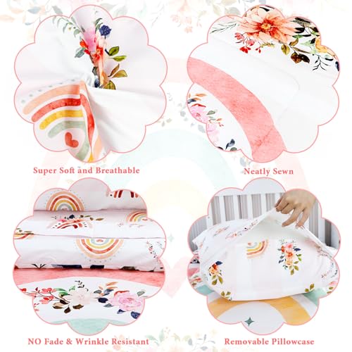 Image of Toddler Bedding Sets for Girls, Rainbow Toddler Crib Bedding Set 4 Piece Pink Floral Toddler Comforter Set Includes Flat Top Sheet, Fitted Sheet, Comforter, Envelope Pillowcase, Soft & Comfort