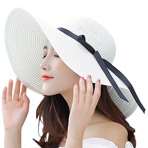 Itopfox Women's Big Brim Sun Hat Floppy Foldable Bowknot Straw Hat Summer Beach Hat UPF 50+ Cap Milky
