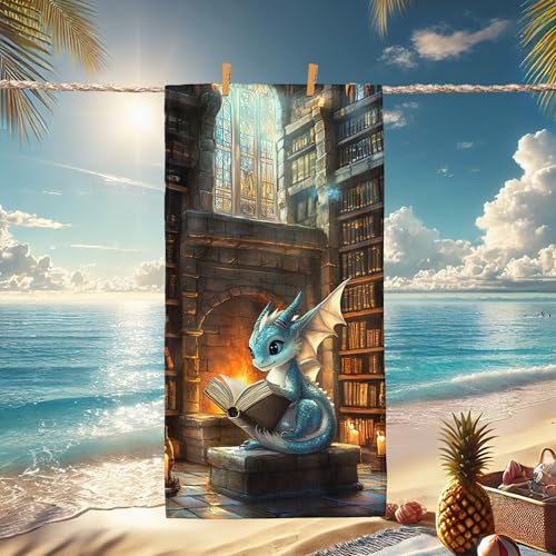 Toalla de playa de microfibra con diseño de dragón de fantasía, color azul, con una adorable criatura mítica, de secado rápido, absorbente, sin arena, extragrande, ligera, ideal para vacaciones, pic