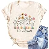Spread Kindness Like Wildflower T-Shirt Women Casual Inspirational Teacher Be Kind Shirt Plant Lover Tee Tops-Beige XL