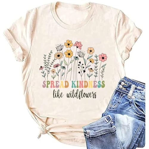Spread Kindness Like Wildflower T-Shirt Women Casual Inspirational Teacher Be Kind Shirt Plant Lover Tee Tops