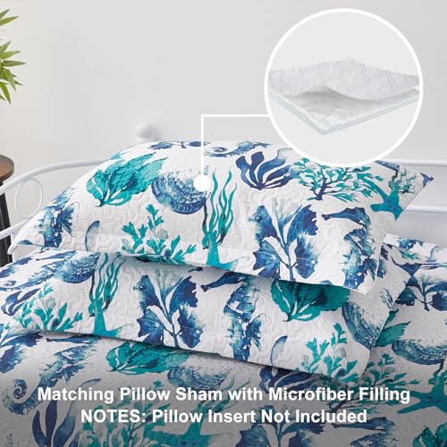 Image of Jarson 3 Piece Beach Daybed Cover Set Twin Green Blue White Coastal Quilted Daybed Bedding Sets Double Side Cozy Ocean Sofa Daybed Cover with 2 Shams