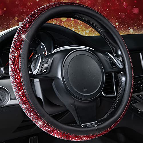Image of CAR PASS Bling Diamond Leather Steering Wheel Cover, Bling Sparkly Crystal Glitter Rhinestones Universal Fit 14 inch 1 /2-15 inch Car Wheel Protector for Women Girl Fit Suvs,Vans,Sedans,Trucks, Red Silver