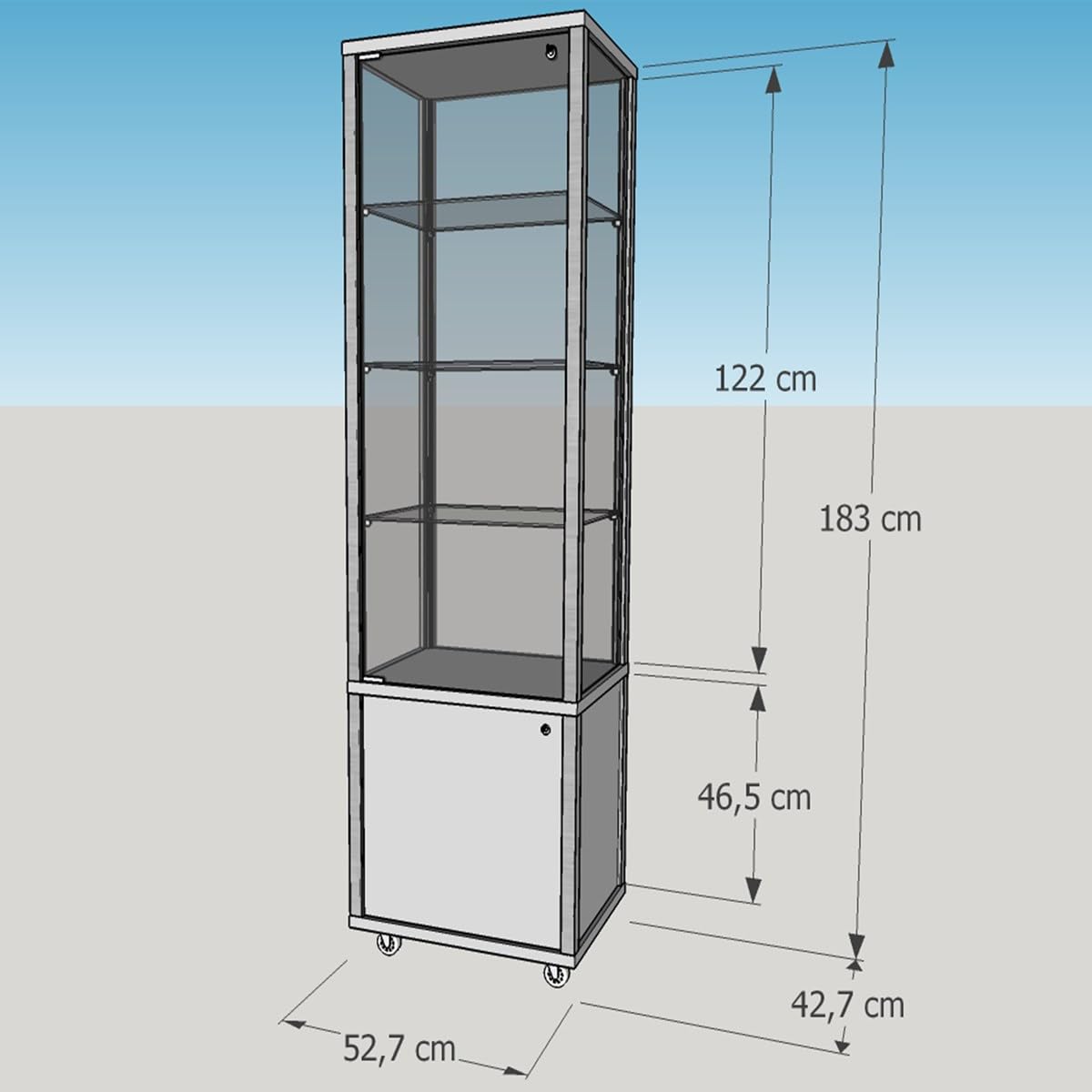 Glasvitrine 180 x 50 x 40 cm - abschließbare Vitrine mit Holz-Unterschrank (lichtgrau) & Spiegelrückwand - 2-türige Hochvitrine für Sammlerstücke, Kunst oder Schmuck