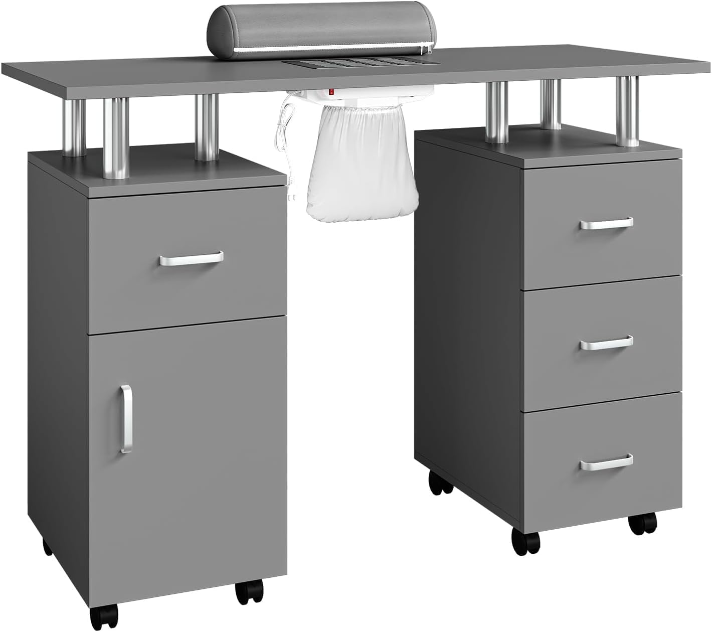 Manicure Table with Storage Cabinets and Drawers, Nail Desk for Nail Tech with Lockable Wheels, Dust Collector Acetone Resistant, Arm Rest for Makeup Spa Beauty Salon Station (Gray)