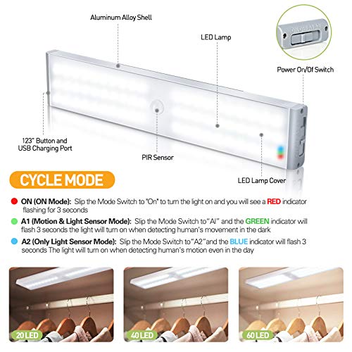 LED Closet Light, 60 LED Newest Version 4 Modes Rechargeable Motion Sensor Closet Light Under Cabinet Lighting, Dimmable Magnetic Wireless Stick on Light for Stairs Wardrobe Kitchen Hallway, 3 Pack - Thumbnail 5