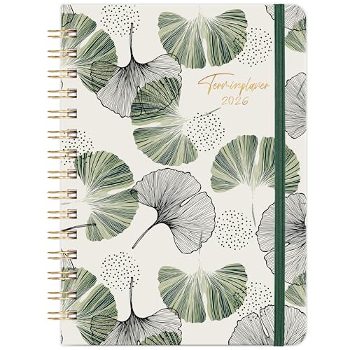 Kalender 2026 - Terminplaner 2026, Wochenplaner 2026 von Januar 2026 - Dezember 2026, A5 Terminplaner mit Einstecktasche, 21.4 cm × 14.6 cm, Ginkgo biloba Blätter