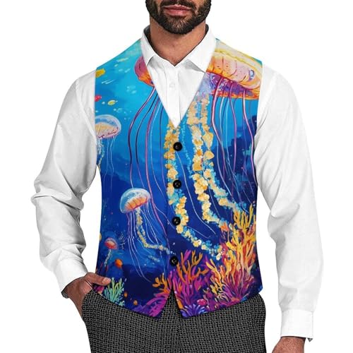 Seabed Jellyfish Mens Slim Fit Suit Vest Dress Waistcoat Casual Business Vest
