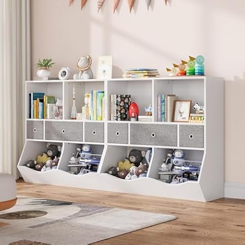Amyove Kids Toy Storage Organizer, Kids Bookshelf with 2 Bookshelfs, 3 Removement Drawers and 2 Cubbies, Toy Organizers and Storage for Living Room, Kids Bedroom, Nursery, Playroom, White, 2 PCS Cover