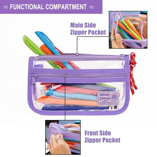 Image of Rough Enough Clear Pencil Case for School, 60+ Pencils Capacity, Purple
