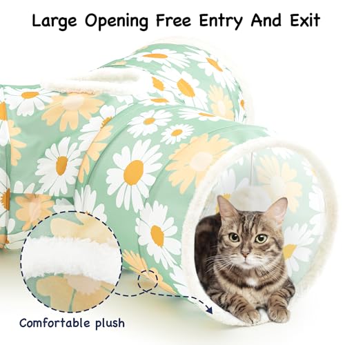 Image of Tempcore Cat Tunnel for Indoor Cats, 3 Way Collapsible Pet Play Tunnel with Teaser Wand, Peek Holes & Hanging Ball, Interactive Tube for Kittens & Rabbits, Daisy Green Printed