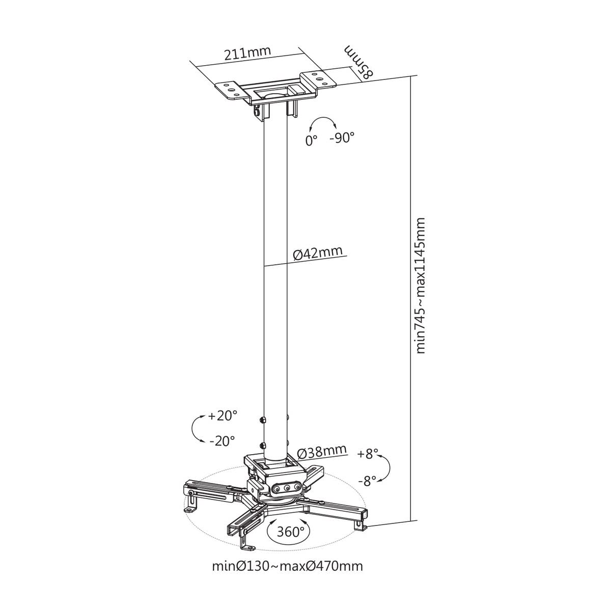 KIMEX 052-3021 Supporto a soffitto per proiettore, Altezza regolabile 75-115cm, Nero