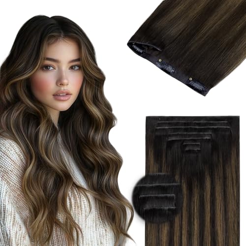 DOORES Hair Extensions Real Human Clip in 16 inch 100g 7pcs Invisi Edge, Seamless Clip in Hair Extensions Invisible Clipins Virgin Injected Skin Weft, 2/6/2 Dark Brown to Chestnut Brown