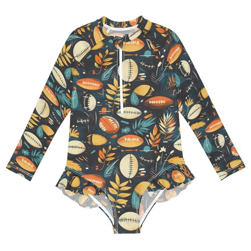 ALAZA Football Helmet Ball Leaf Girls One Piece Swimsuit Long Sleeve Rash Guard Swimsuits UV 50+ Swimwear Zipper