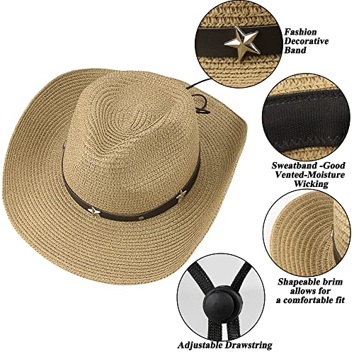 Straw Cowboy Hat For Women Men Western Sun Hat Wide Brim Summer Belt Cowgirl Hats Khaki #TOP3