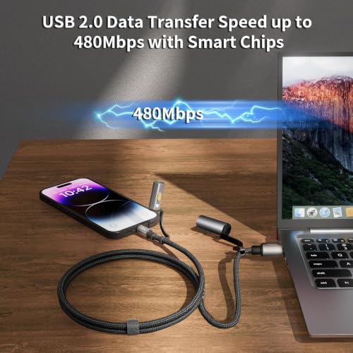 Image of MX 240W USB-C Cable 3-in-1 Multi-Function Charging Cable 1.2M with LED Flashlight & Electric Plasma Lighter, PD Fast Charging Cable with E-Marker Chip, Nylon Braided Type-C Cable for USB-C Devices