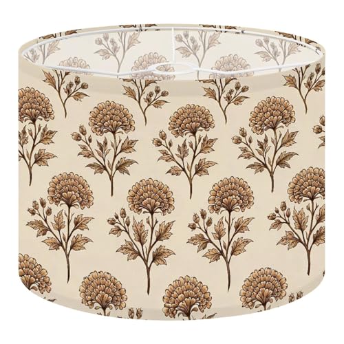 Boho Drum Lamp Shades - 11" x 11" x 8.9" Ajrakh seamless block print floral batik Replacement Natural Linen Lampshades for Table Lamps, Floor Lamps Easy Assembly