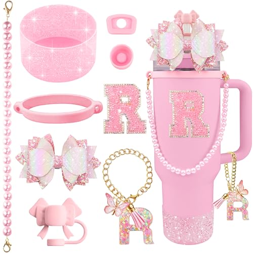 Hpebl 9PCS Pink for Stanley Cup Accessories Set Bling Initials Bow Charms for Stanley Decorations 30/40 Oz Tumbler Accessories Including Bow Straw Topper, Handle Strap, Spill Stopper（Letter R） - image 1